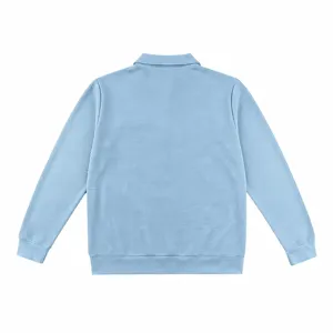 Light blue waffle knit long sleeve polo shirt detail showing texture and collar design.