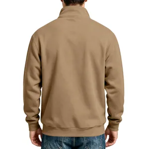 Men's khaki mock neck fleece zip sweatshirt back view showing casual fit and cozy interior fabric.