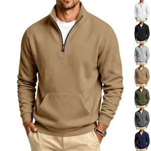 Men's Fleece Stand Collar 1/4 Zip Sweatshirt Loose Casual Solid Color Long Sleeve Top With Kangaroo Pocket Warm Winter Pullover