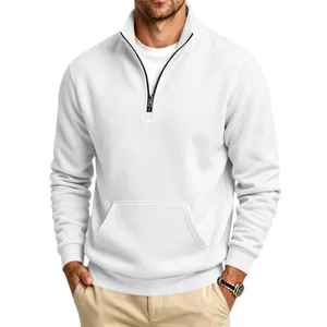 Mens White Quarter Zip Fleece Pullover Sweatshirt Casual Stand Collar Winter Tops