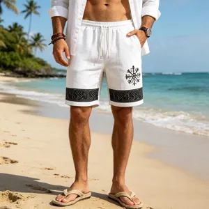 Detail view of men's casual beach shorts featuring rune prints, breathable linen-blend fabric.