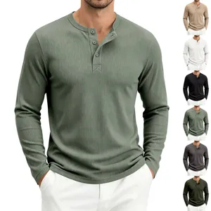 Men's casual long sleeve ribbed henley t-shirt with button placket in multiple colors.