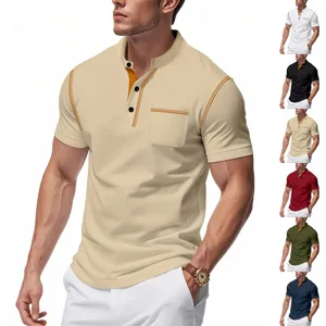 Men short sleeve henley shirt casual contrast stitching polo shirt summer top detail view