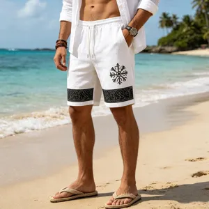 Men's casual summer beach shorts loose fit breathable linen-feel rune print vacation wear