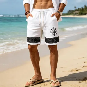 Men casual white linen beach shorts with black rune printing, breathable summer vacation wear.