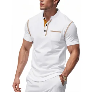 Men's summer casual short-sleeve Henley shirt with contrast stitching and chest pocket design.