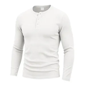 Men's solid white long sleeve waffle knit henley shirt casual slim fit button down top
