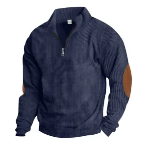 Men's half-zip corduroy sweatshirt with collar and elbow patches for autumn and winter.