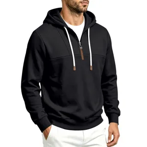 Herren lässiger schwarzer Fleece Viertelreißverschluss Kapuzenpullover Detail Ansicht.