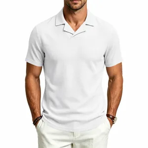Polo casual para hombre de punto gofrado blanco con cuello cubano, top de verano manga corta.