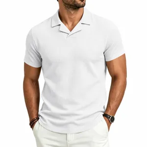 Polo de manga corta de punto gofrado para hombre, cuello cubano, parte superior de verano casual.