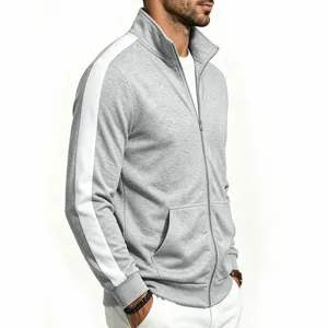 Men's casual zip-up track jacket with contrast side stripes, perfect for daily wear.