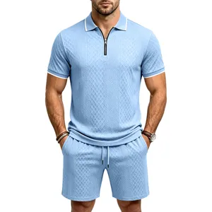 Men's light blue knit zip polo shirt and shorts set, featuring a stylish textured design.