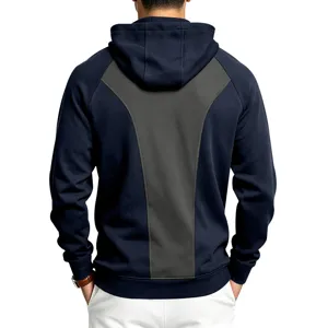 Men's heavy winter contrast color panel hoodie back view detail for outdoor sports.