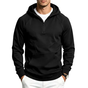 Black quarter-zip hoodie detail showing zipper and front pocket design for men activewear.