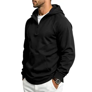 Men's casual quarter-zip black hoodie outdoor sports fitness hooded sweatshirt activewear