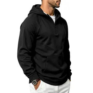 Men's black quarter zip hoodie athletic fitness casual sweatshirt with hood for outdoor sports