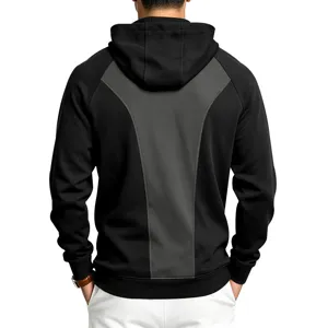 Men's athletic patchwork hooded sweatshirt back view, comfortable casual outdoor sportswear detail.