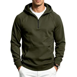 Army green half-zip hoodie detail, featuring a cozy drawstring hood and a practical pocket.