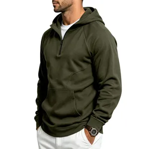 Men's half-zip tactical hoodie in army green, detailed view of athletic casual outerwear.