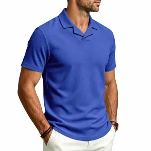Polo azul de punto gofrado con cuello Cuba para hombre top de verano casual elegante