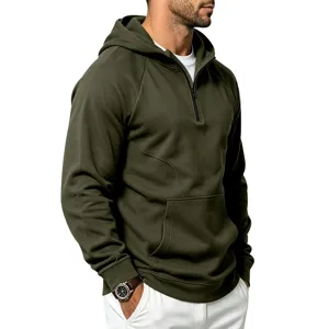 Men's half-zip hoodie casual activewear sweatshirt in army green, comfortable loose fit.