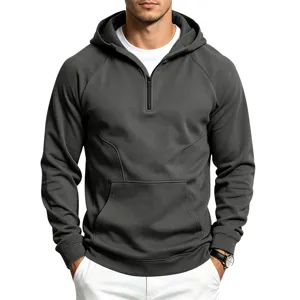 Close-up view showing the quarter-zip closure, structured hood, and refined stitching details.