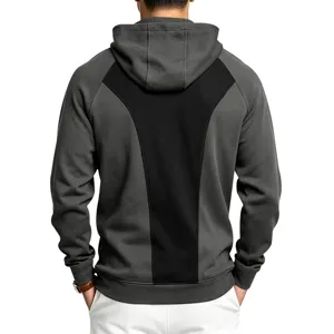 Men's contrast panel fleece hoodie for outdoor sports, casual dark grey sweatshirt detail view