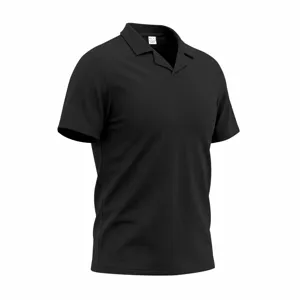 Detalle de polo manga corta tejido waffle negro, vista de textura cuello camp casual.