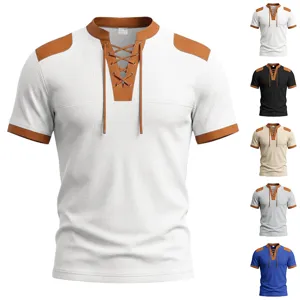 Men's short sleeve waffle t-shirt lace up v-neck contrast color casual summer tops