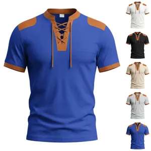 Men's Waffle Knit Short Sleeve T-Shirt Contrast Color Drawstring Casual Summer Tee Top Fashion