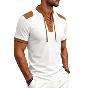 Detail view of men's waffle knit short sleeve t-shirt with brown contrast lace up V-neck.