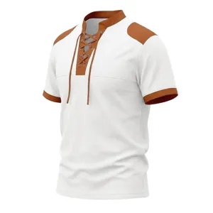 Close-up detail of the waffle knit fabric texture, contrast brown patches, and lace-up collar.