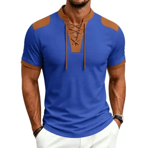 Detail of men's waffle knit t shirt, featuring contrast color collar and stylish lace up front.