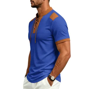 Men casual waffle knit short sleeve t-shirt with contrast color lace up summer top