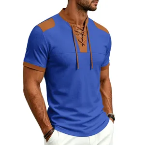 Men short sleeve waffle t-shirt color block drawstring casual top summer fashion wear