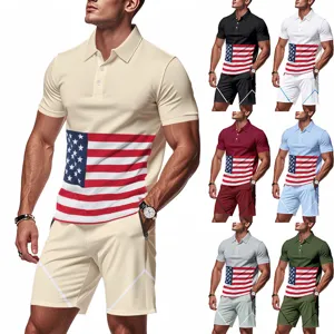 Men's American flag print summer casual ice silk breathable sports polo shorts set