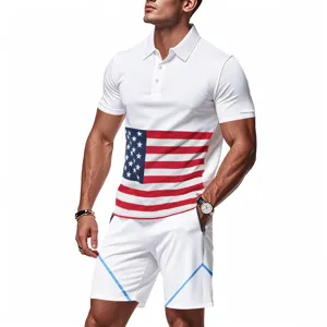 Men's Summer Ice Silk Breathable Casual Sport Polo Short Set American Flag Style New