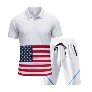Detailed view of men's casual ice silk breathable polo shirt and shorts summer set in white.