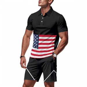 Men's summer casual ice silk breathable athletic polo shirt and shorts sportswear set.