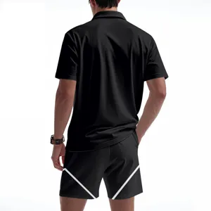 Men's summer ice silk breathable casual athletic polo short sleeve and shorts set detail.