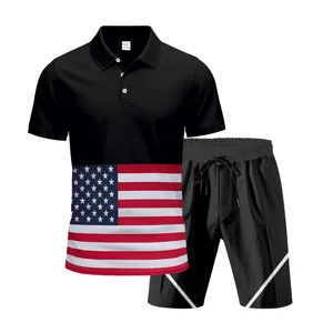 Men summer casual sports polo shirt and shorts set with American flag print, breathable fabric.