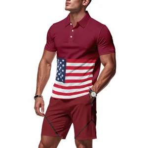 Men's casual summer polo shirt and shorts set with American flag graphic print for sports.