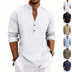Men's solid color loose casual breathable V-neck Henley long sleeve linen T-shirt basic top