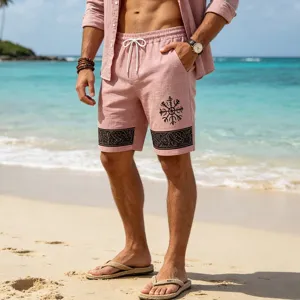 Men pink linen beach shorts with rune print summer casual vacation drawstring board shorts
