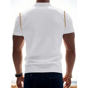 Men's contrast shoulder short sleeve polo shirt casual knit top back view detail.