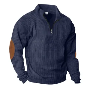 Men's casual solid color half-zip corduroy sweatshirt detail, stylish elbow patches.