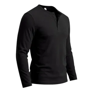 Close-up view of the black ribbed long sleeve henley shirt, showing button placket detail.
