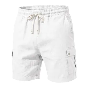 Short cargo decontracte en lin pour homme, vue detaillee, blanc uni, cordon reglage.