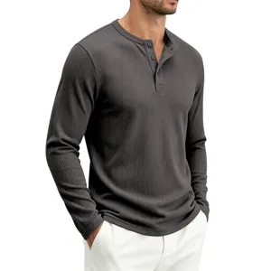 Men's casual long sleeve waffle knit henley shirt detail view, breathable comfort.
